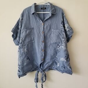 🇮🇹 FROCCELLA 100% Linen Floral Tie-Front Top One Size